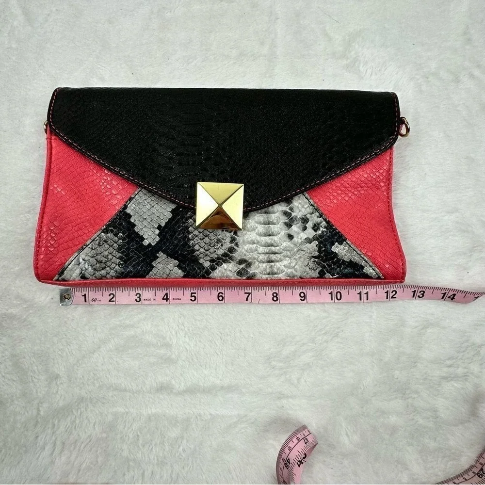 Snakeskin Print‎ Envelope Clutch Bag Black Pink Colorblock Gold Stud Accent